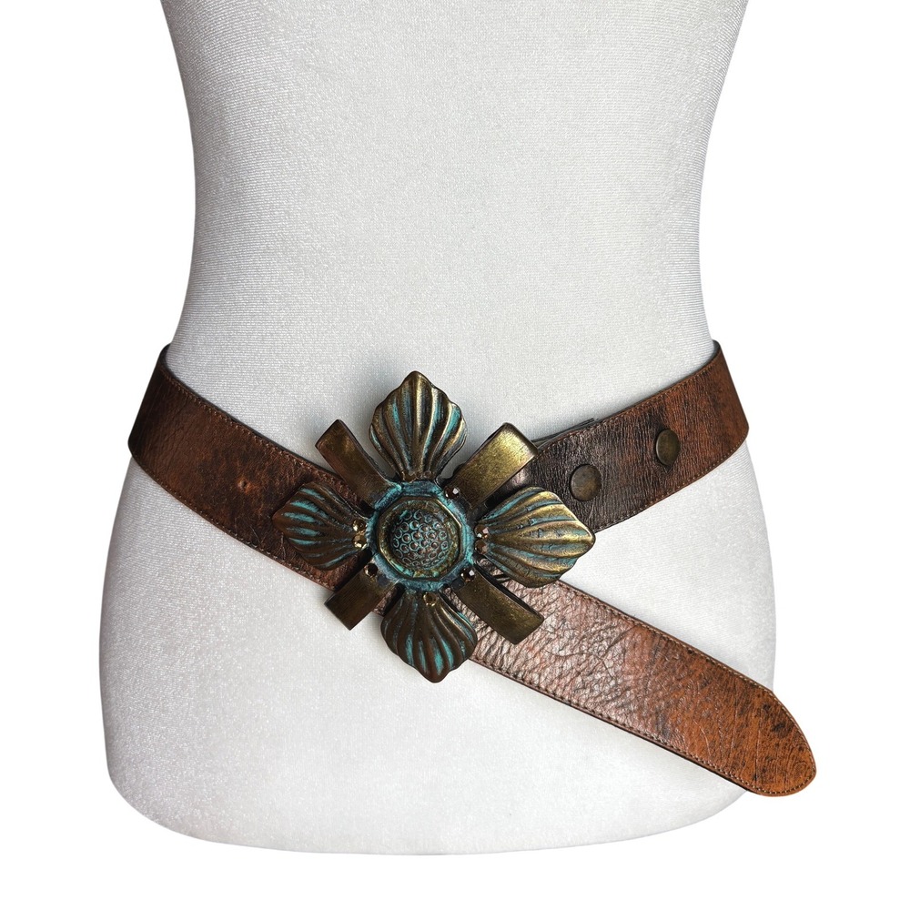 Leatherock Belt Statement 32 Brown Leather Floral Buckle Distressed Western 1489